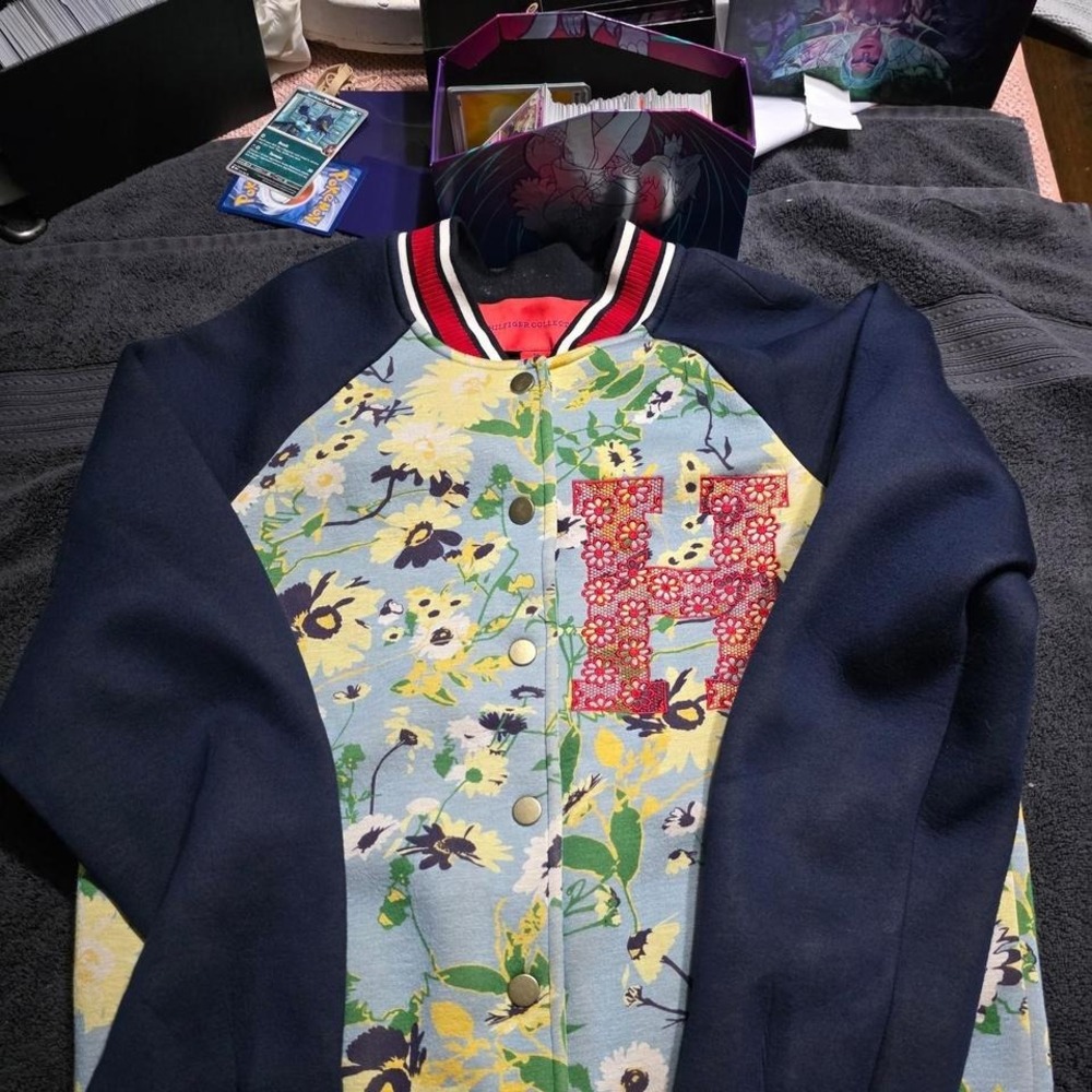 Rare Tommy Hilfiger Collection floral varsity bomber jacket.